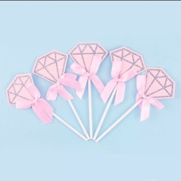 Other - 10pc Pink Diamond Silver Glitter Cupcake Toppers